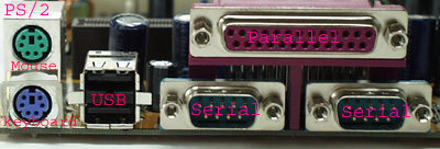 Picture with labels of USB, PS/2, Parallel and serial connectors